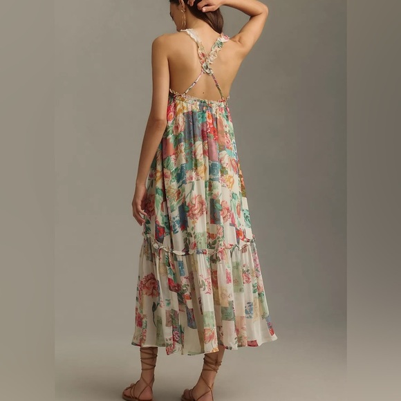 Anthropologie Chiffon Shift Midi Dress Boho Floral Ruffle Wire Neckline Flowy XL - Picture 2 of 15